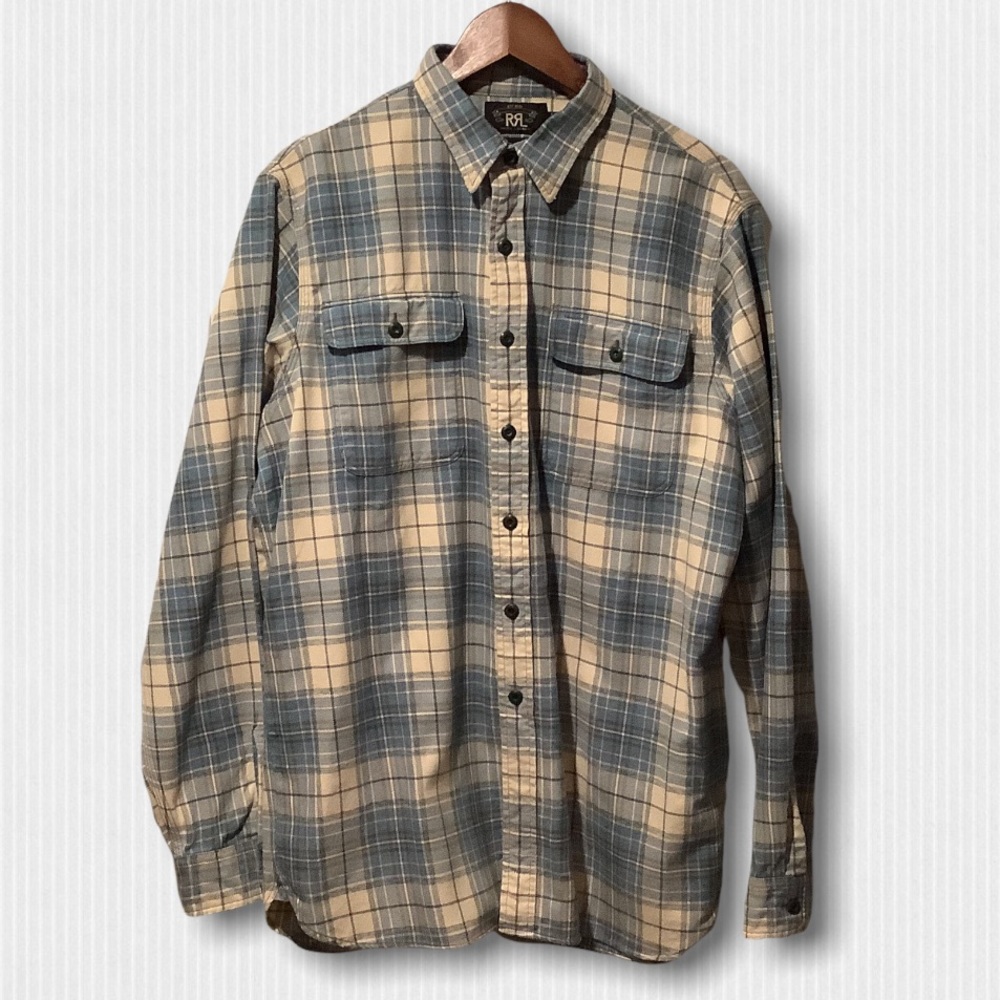 RRL Blue & Cream Cotton Flannel Plaid Shirt L